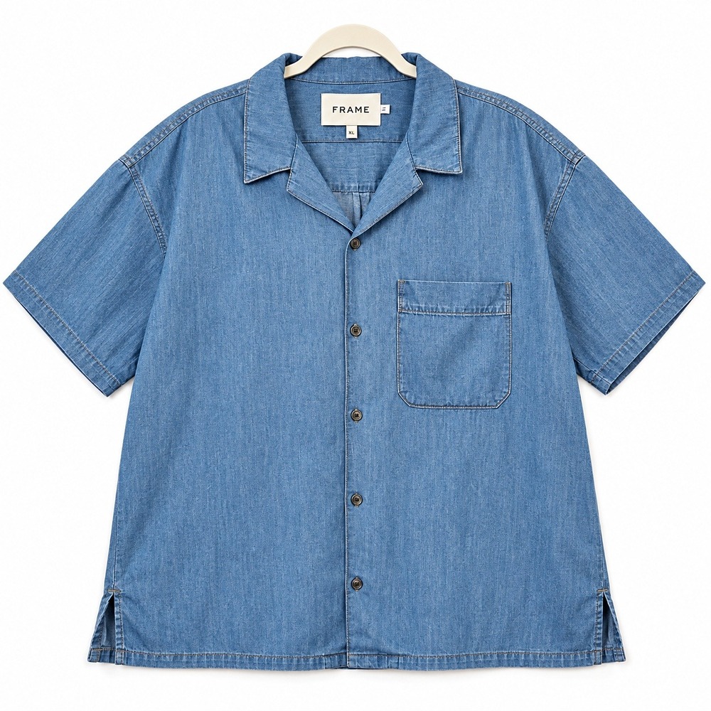 FRAME Men's Chambray Camp Collar Shirt Blue Short Sleeve Size XL